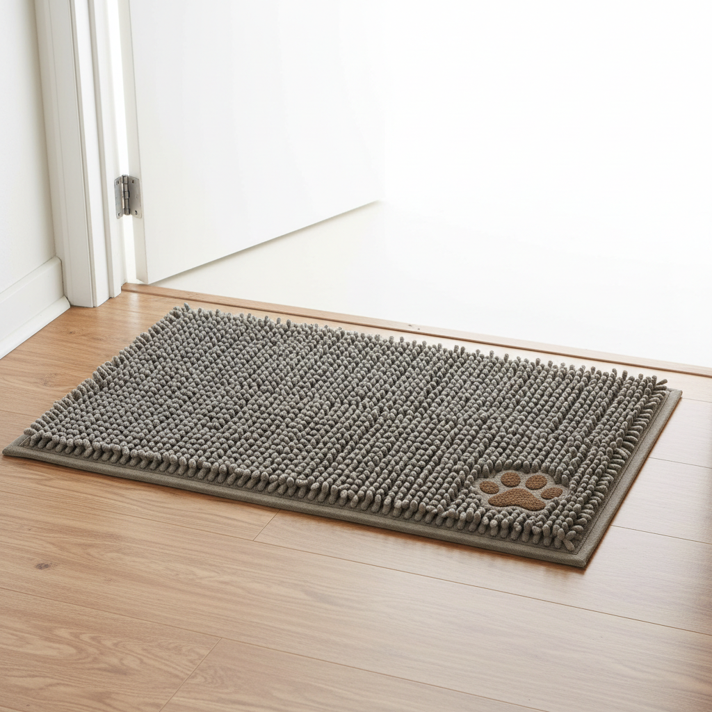 Dog paw cleaning mat with microfiber bristles at doorway entrance