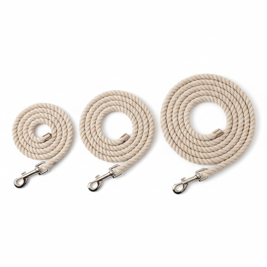 Three cotton dog training leads in different lengths on white background