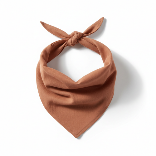 Custom dog bandana in earthy neutral tone folded into triangle shape on white background